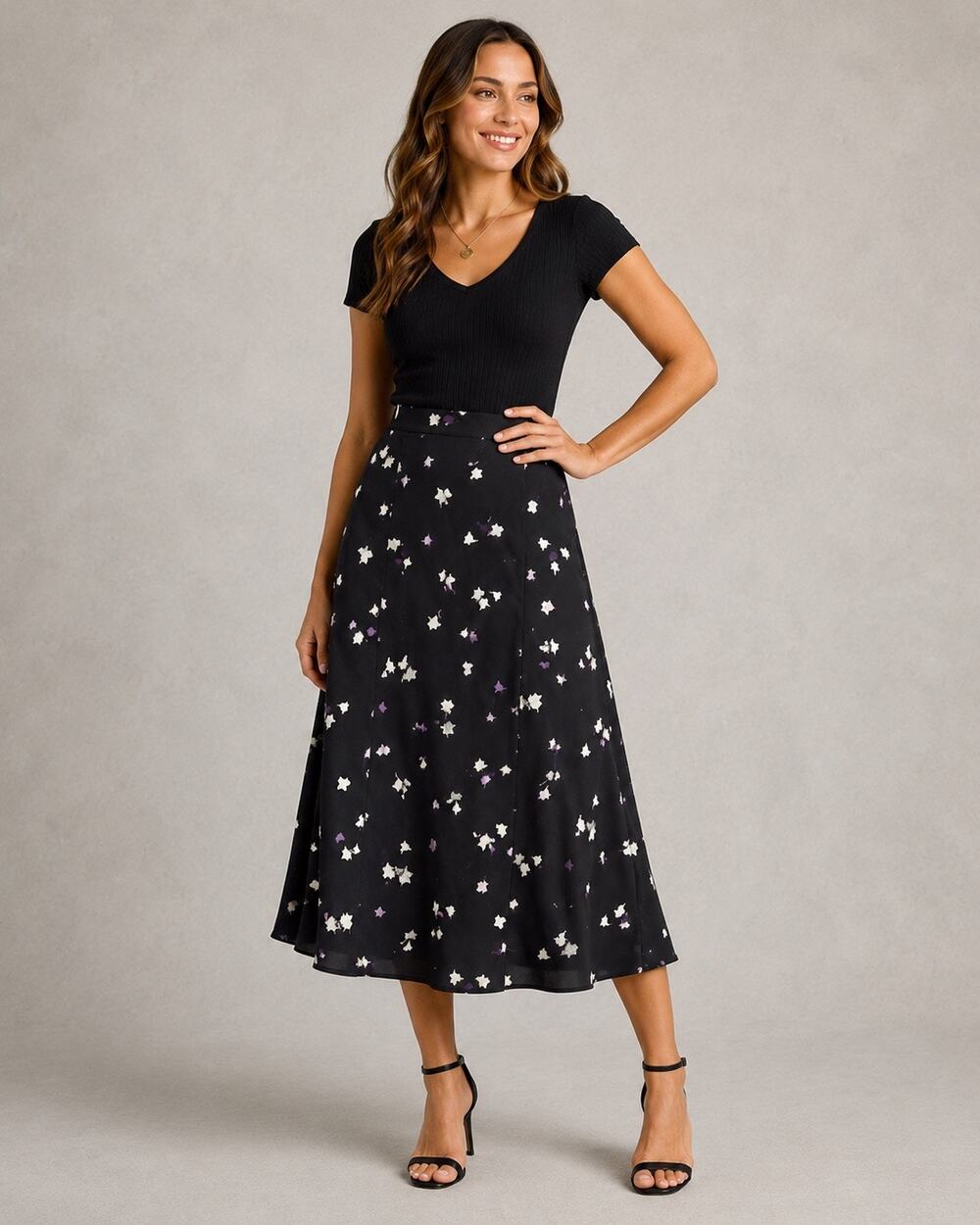 Vintage Black Floral A-Line Maxi Skirt | Purple & Ivory Print | Women’s Size 6